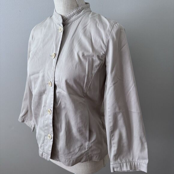 Eileen Fisher Khaki Cotton Utility Blazer Mock Collar Button Down Sz Petite PP - Picture 2 of 8